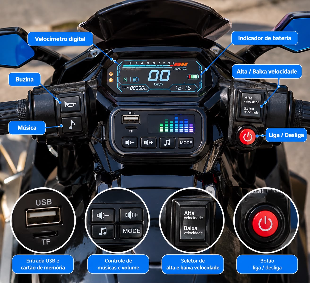 Detalhe do painel e botões da moto