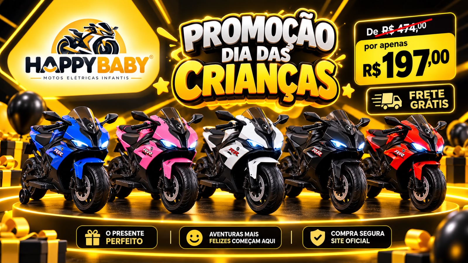 Mini Motos Elétricas disponíveis em 5 cores